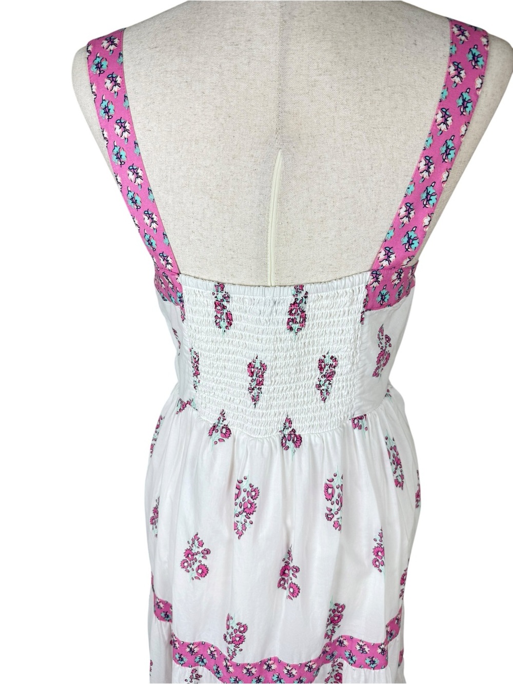 J.Crew Block Print Tiered Midi Dress White Pink Floral Square Neck Cotton SZ 10 - Picture 3 of 16